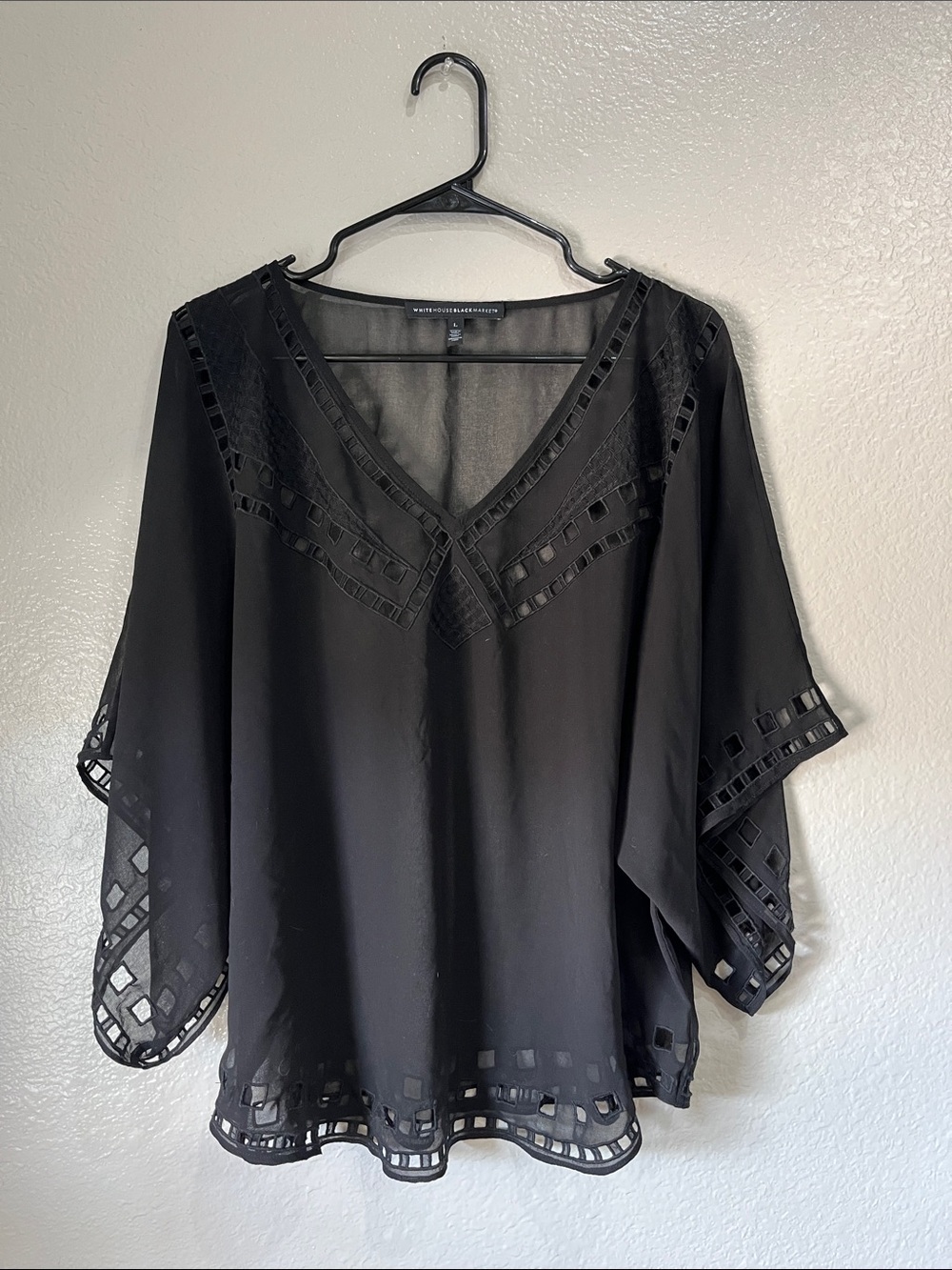 White House Black Market Black V-Neck Cutout Tunic Sz L Sheer Flowy Lightweight